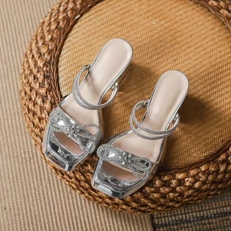 Women Fashion Sexy Bow Rhinestone Chunky Heel Thick-Soled Slippers Wedges