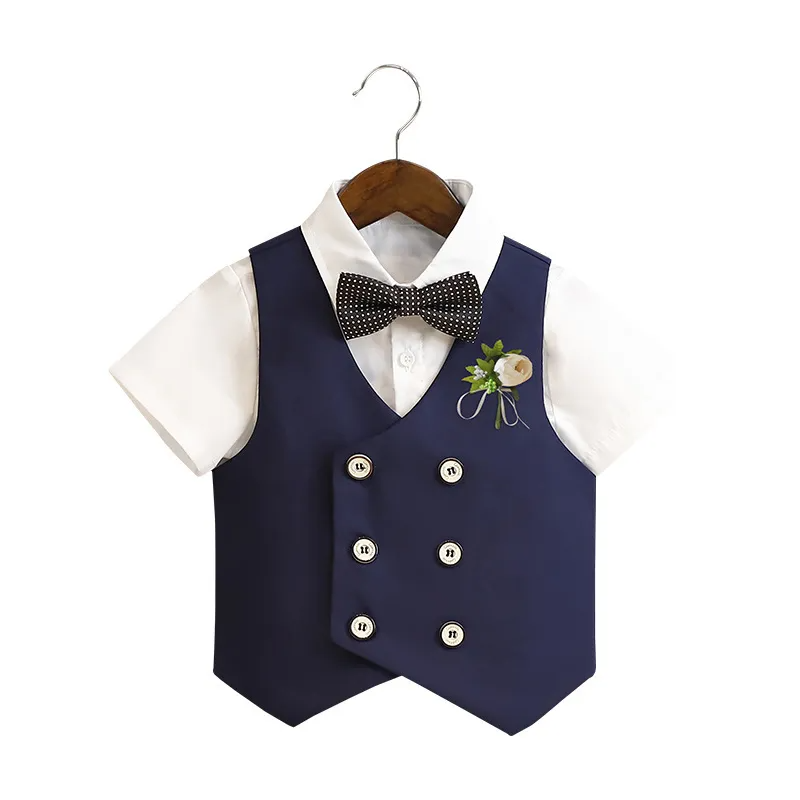 Kids Toddler Big Boys Autumn Winter Fashion Casual British Style Bow Waistcoat Short Sleeve Shirt Shorts Boys Party Clothing Set