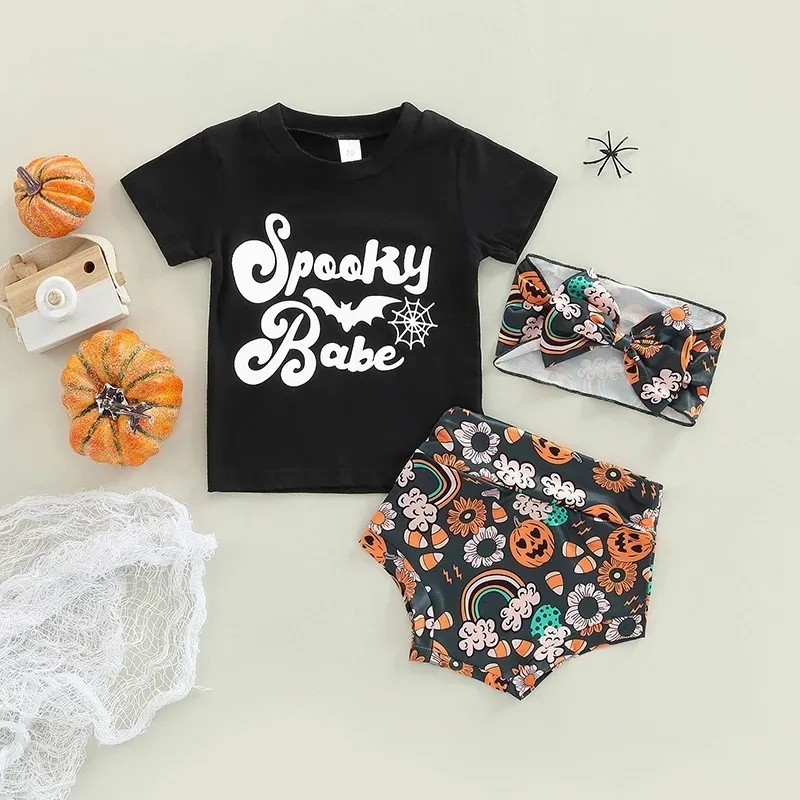 Kids Baby Girls Boys Summer Fashion Casual Halloween Solid Color Letter Round Neck Short Sleeve T-Shirt Pumpkin Shorts Set