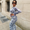 Women Fashion Elegant Graphic Printed Long Sleeve Crop Top And Midi Tight Skirt Set