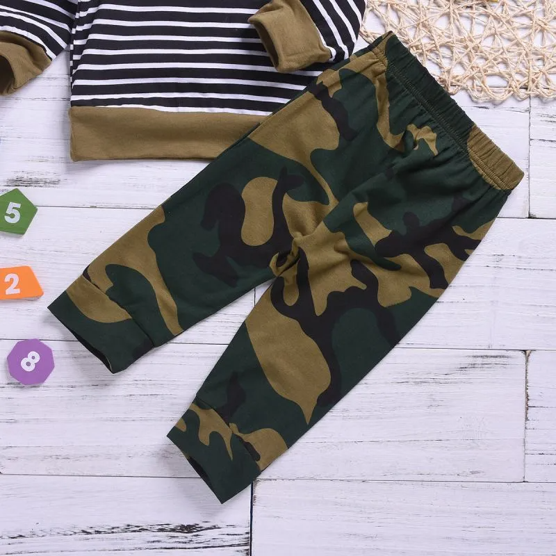 2 Pcs Set Baby Boys Stripes Print Long Sleeves Hoodies And Camouflage Print Pants