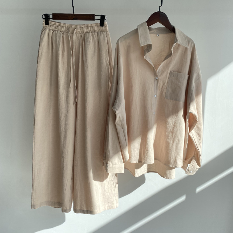 Women Casual Solid Color Linen Cotton Long Sleeve Blouse And Wide Leg Pants Set