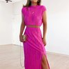 Women Pleated Half High Collar Sleeveless Top And High Waist Slit Mid Length Skirt Two-Piece Set