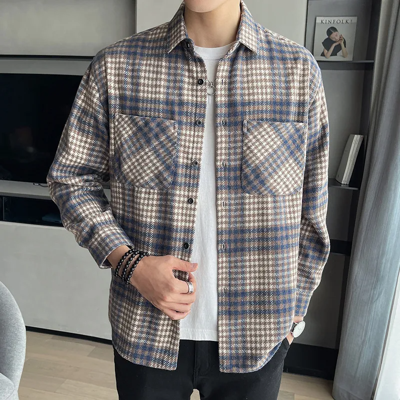 Men'S Casual Plaid Long Sleeve Pocket Loose Shirt