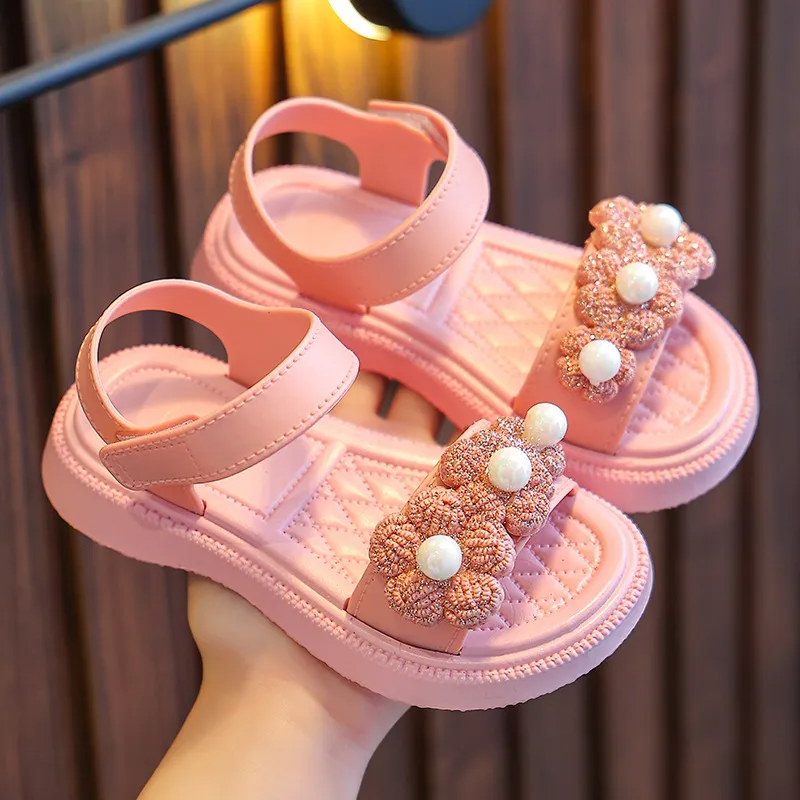 Children Kids Baby Fashion Girls Flower Pearl Casual Sandals Soft Bottom Shoes