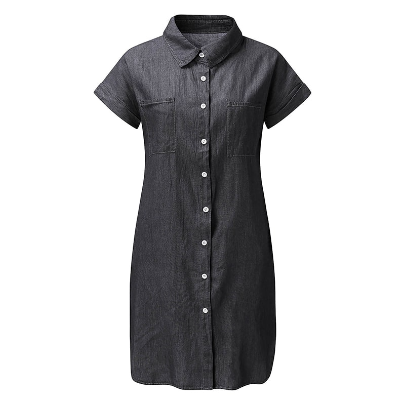 Women Lapel Single-Breasted Short Sleeve Denim Dress