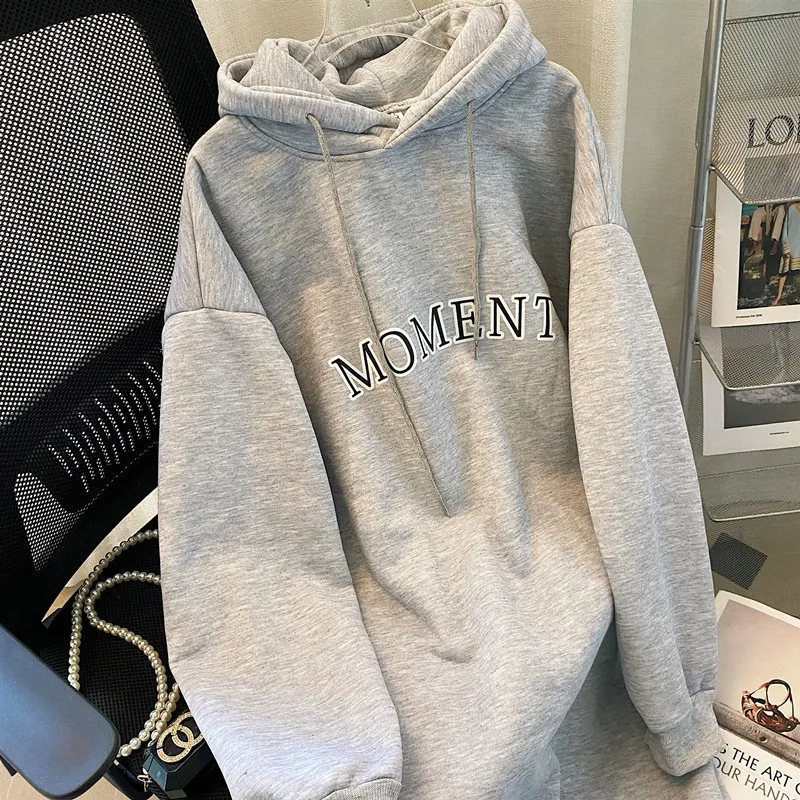 Autumn And Winter Women Loose Solid Color Thickened Letter Printed Long-Sleeved Hoodie Dress
