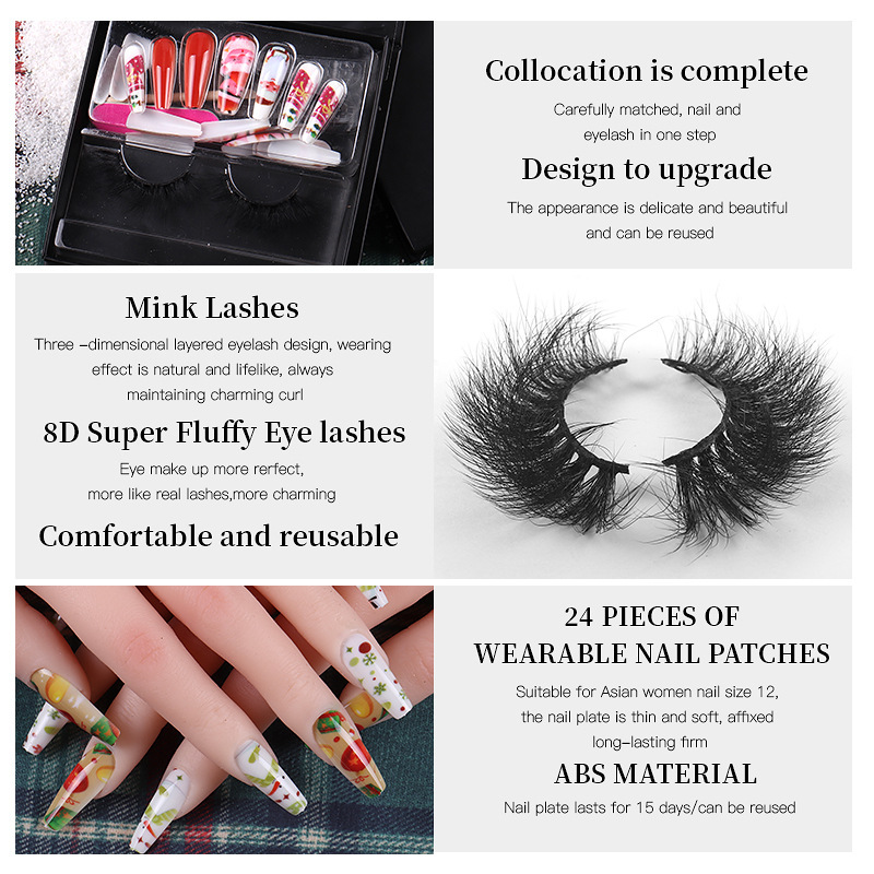 Women Fashion Multicolor Mink Hair False Eyelashes Santa Claus False Nail Set