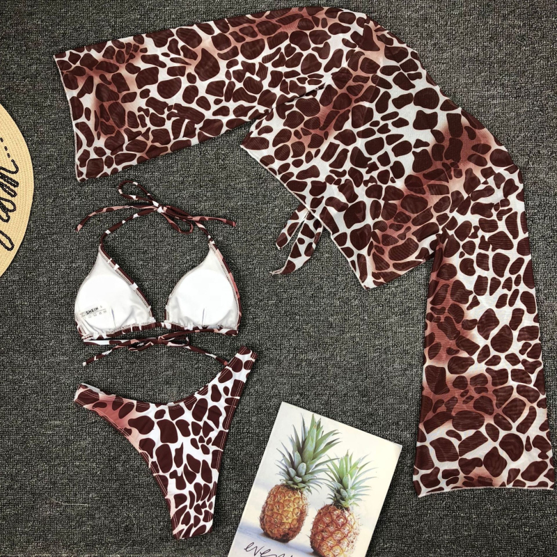 Sexy Leopard Lace-Up Long-Sleeve Three-Pieces Swimwear