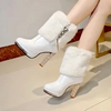 Women Fashion Pu Solid Color Plush Pointed Toe Platform Rhinestone Chunky Heel Short Boots