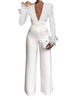 Women Solid V-Neck Mesh Feather Patchwork Long Sleeve Neck Waist Wide Leg Jumpsuit