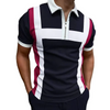 Men Casual Paneled Colorblock Creative Striped Print Zip-Up Lapel Short-Sleeved Slim Polo Shirt