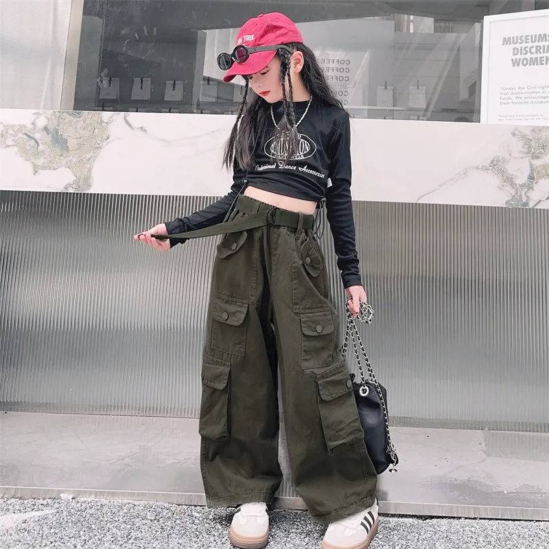 Kids Teen Girl Casual Solid Color Multi-Pocket Cargo Pants