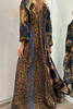 Ramadan /Eid Women Casual Loose V-Neck Leopard Print Long Sleeve Maxi Dress