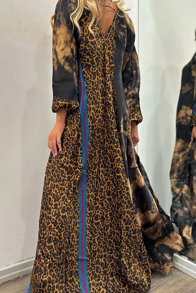 Ramadan /Eid Women Casual Loose V-Neck Leopard Print Long Sleeve Maxi Dress