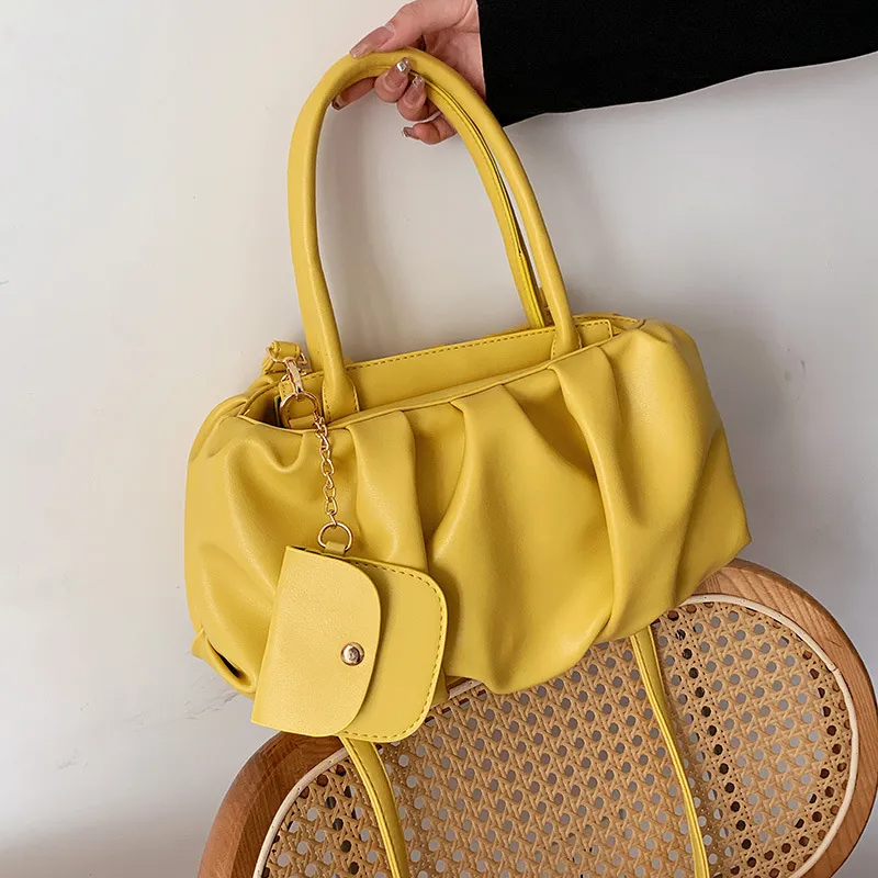 Women Fashionable Solid Color Creased Large Capacity PU Shoulder Handbag