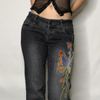 Women'S Vintage Butterfly Embroidery Low Rise Loose Fit Straight Leg Jeans