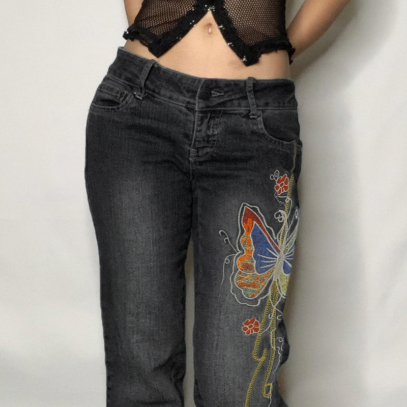 Women'S Vintage Butterfly Embroidery Low Rise Loose Fit Straight Leg Jeans