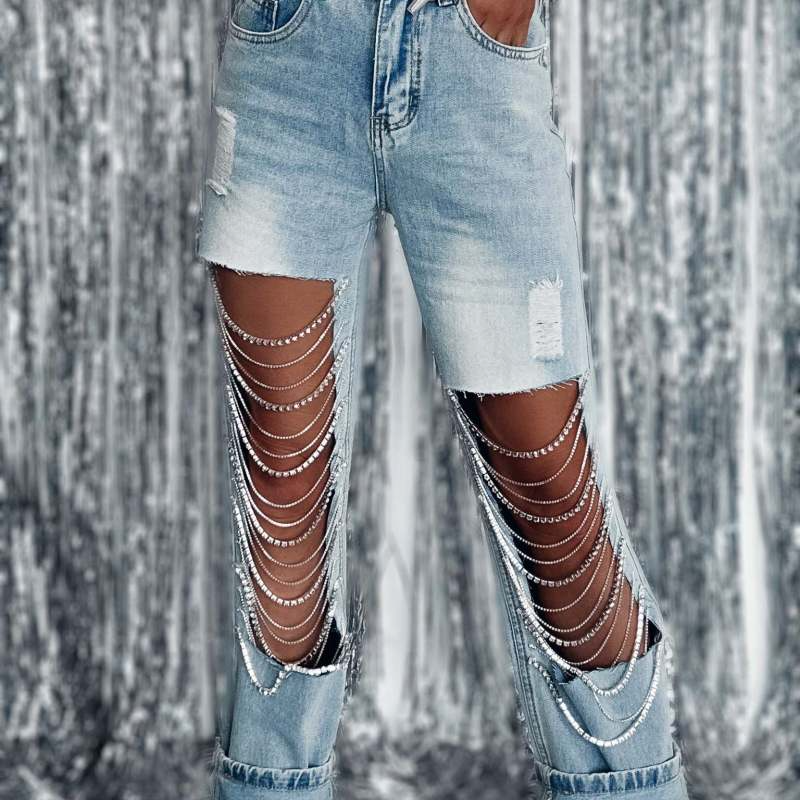 Women Fashion Street Oversized Ripped Chain Charm Straight Leg Jeans