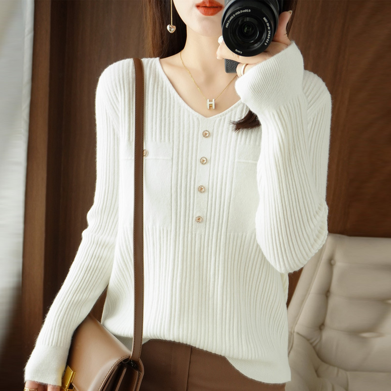 Women Solid Color Urban Casual Office Chic Slim-Fit V-Neck Knitted Long-Sleeved Tops Knitwear