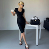 Women Fashion Basic Solid Color U-Neck Short-Sleeved Slit Tight Dress