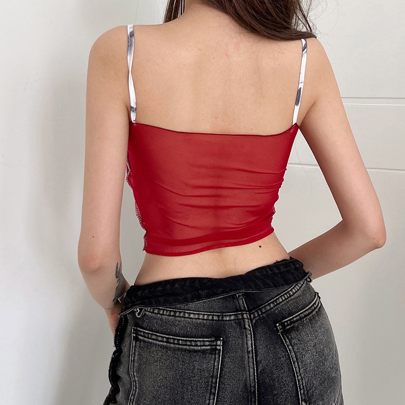 Women Sexy Edgy Printing Backless See-Through Hole Hollow Splicing Slim Top