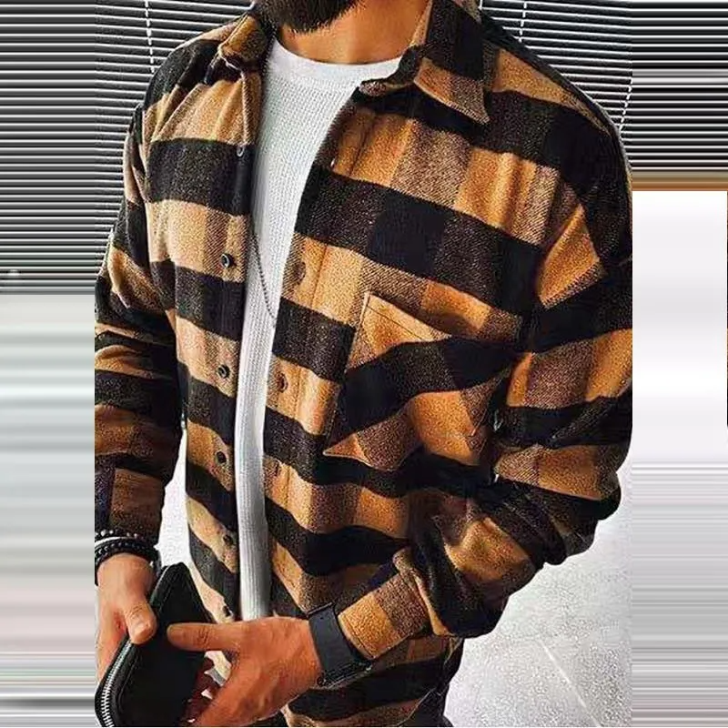 Men Plus Size Casual Long Sleeve Lapel Plaid Printed Color Blocking Single-Breasted Woolen Shirt