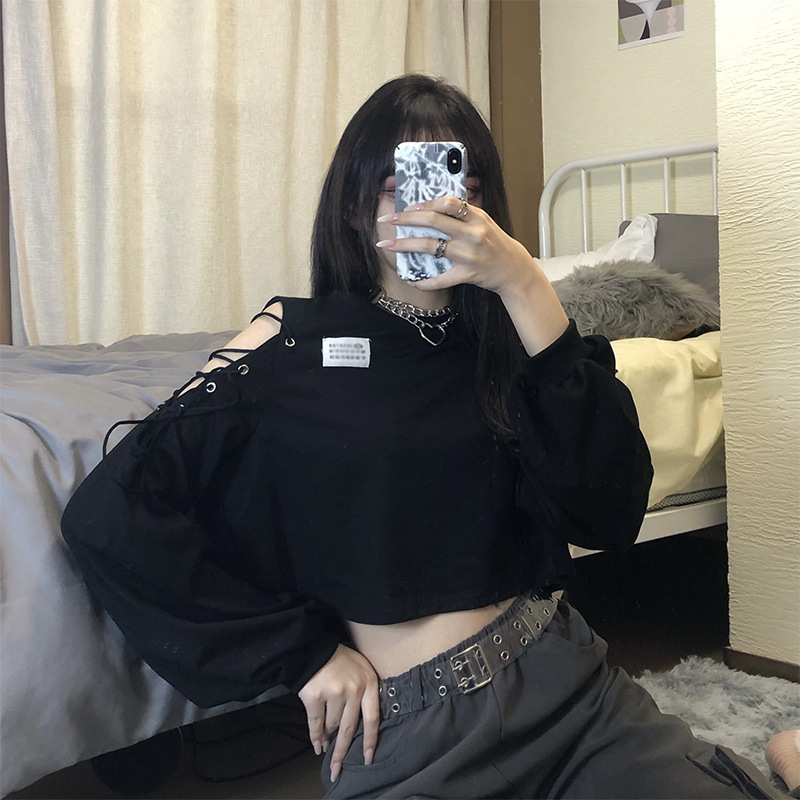 Fashion Women Edgy Pullover Long Sleeve Short Loose Cool-Shoulder Lace-Up Solid Crop Top