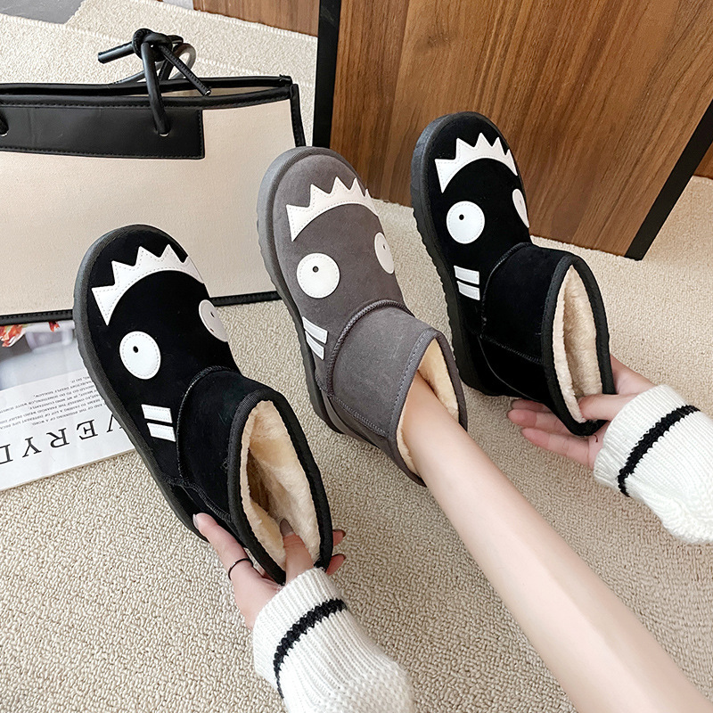 Women Fashion Cartoon Monster Thickened Warm Round Head Flat Snow Boots