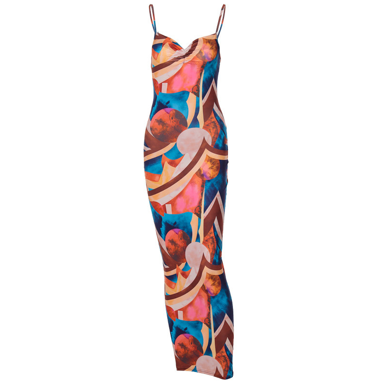 Women New Autumn Elegant Color Blocking Graphic Printed Backless Slip Dress