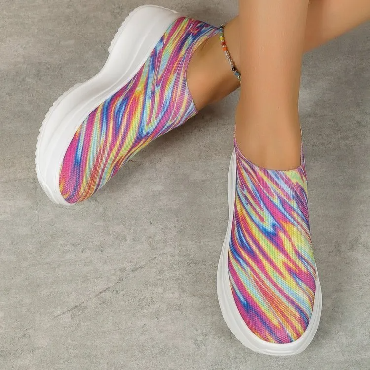 Women Fashion Plus Size Casual Thick-Soled Round-Toed Multicolor Fly-Woven Sneakers