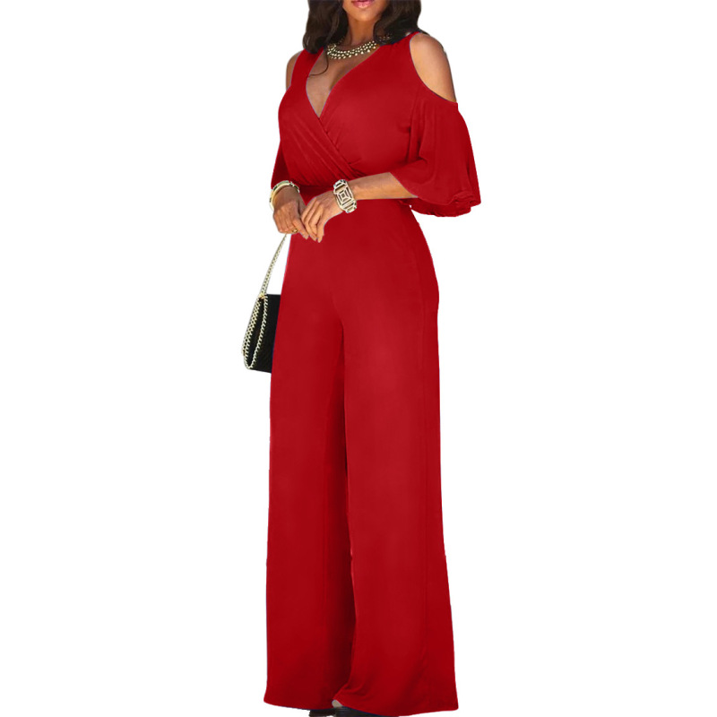 Women Solid Color Short-Sleeved Strapless Waist Fashion Wide-Leg Jumpsuit