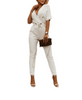 Women Solid Color Lapel V-Neck Short Sleeve Button Waist Casual Jumpsuit