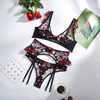 Women'S Fashion Embroidered Heart Mesh See-Through Lingerie Three-Piece Set