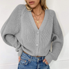 Women Casual V-Neck Buttoned Lantern Sleeve Sweater