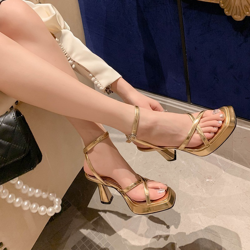 Women Fashion Sexy Simple Strap Square Toe Chunky Heel Sandals