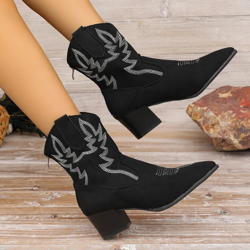 Women Fashion Plus Size Embroidery Pointed Chunky Heel Mid-Calf Boots