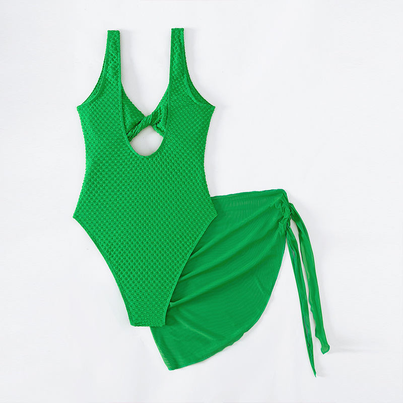 Women Sexy Solid Color Cutout One-Piece Swimsuit Set