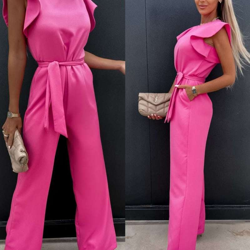 Women Round Neck Lotus Leaf Sleeve Waist Bandage Jumpsuit