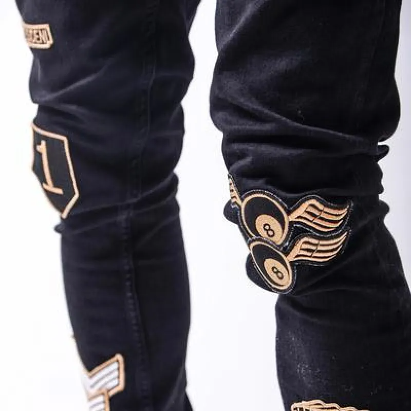 Men Fashion Patch Embroidery Stretch Slim Fit Pants