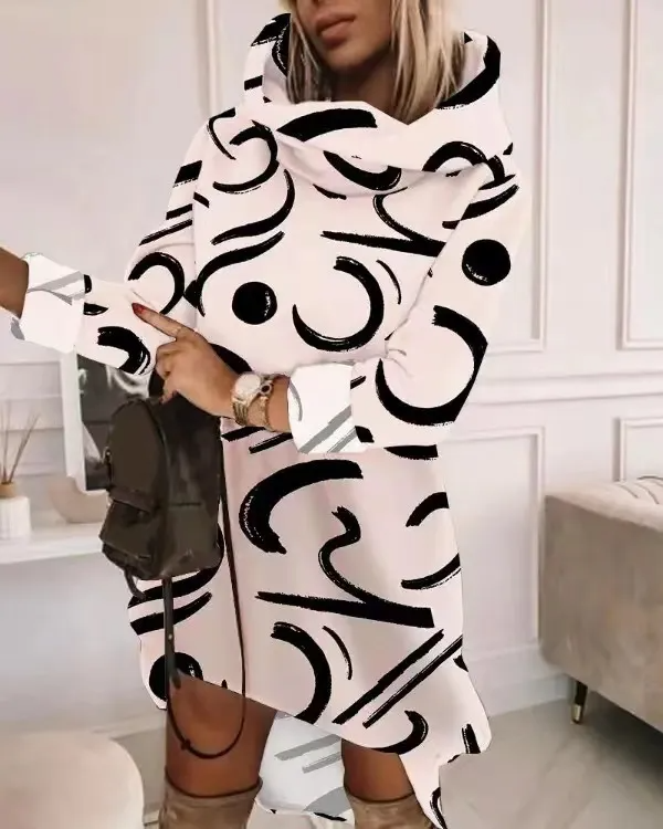 Autumn Winter Women Fashionable Loose Thickened Geometric Leopard Printed Long Sleeve Hooded Sweat Dress