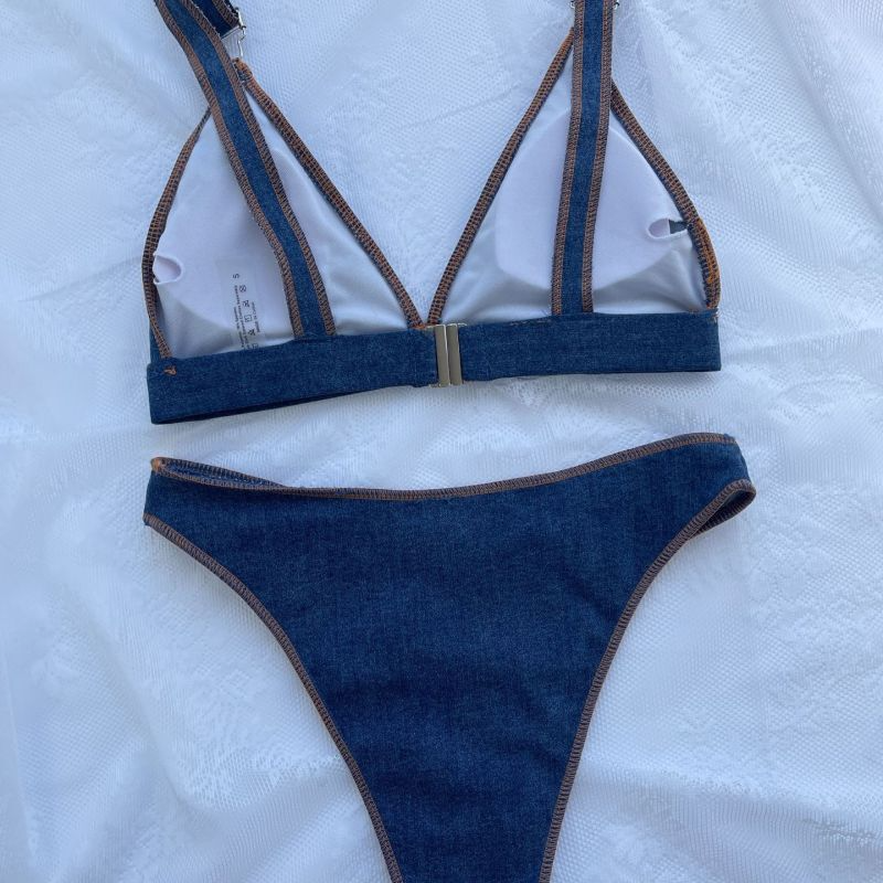 Women'S Sexy Solid Denim Blue Swimsuit Two-Piece Set