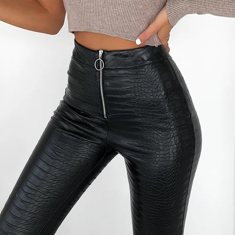 Women High Waist Casual Crocodile Pattern Zipper PU Leather Pants