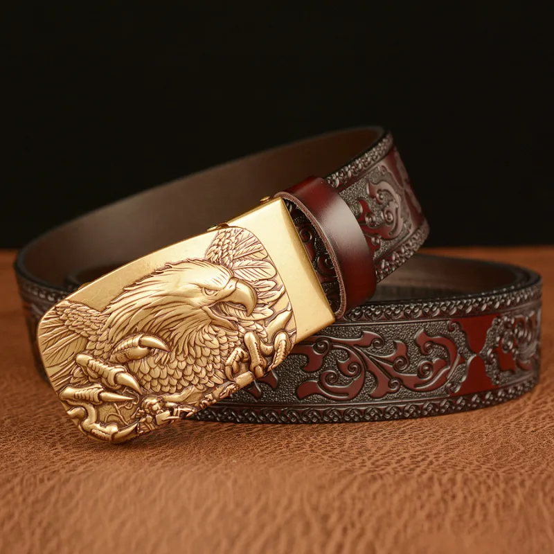 Men Fashion Casual Business Solid Color Embossed Leather Eagle Metal Buckle Belt