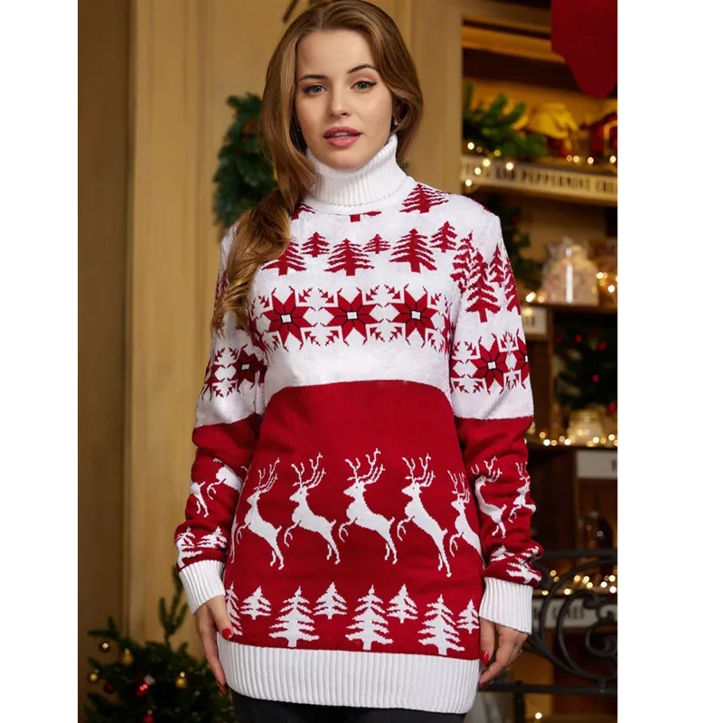 Sweet Casual Couple Knitwear Turtle Neck Christmas Theme Jacquard Knitted Sweater