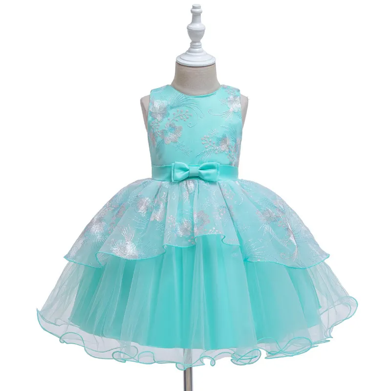 Kids Toddler Girls Fashion Party Cute Sweet Color Matching Embroidery Bow Pleated Sleeveless Mesh Party Tutu Dress