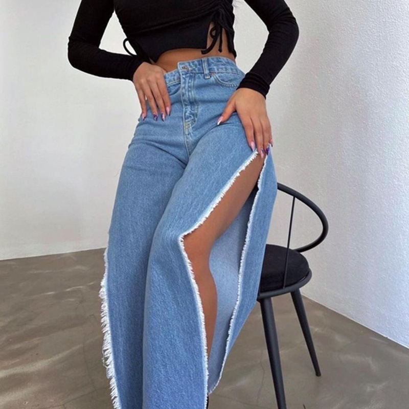 Women Fashion Sexy Edgy Slit Denim Pants