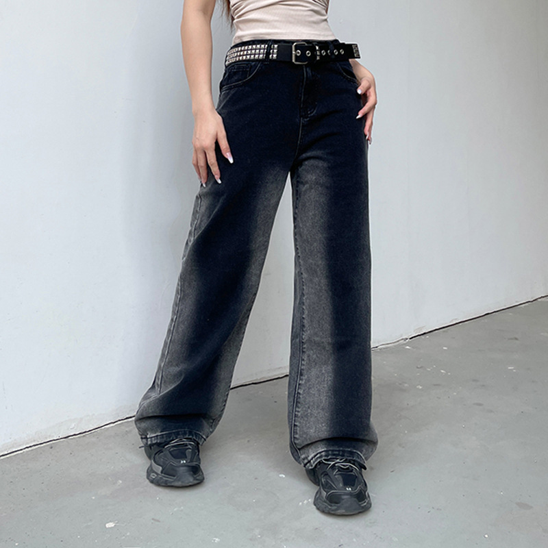 Women'S Fashion Casual Color Blocking Straight Leg Loose Denim Trousers