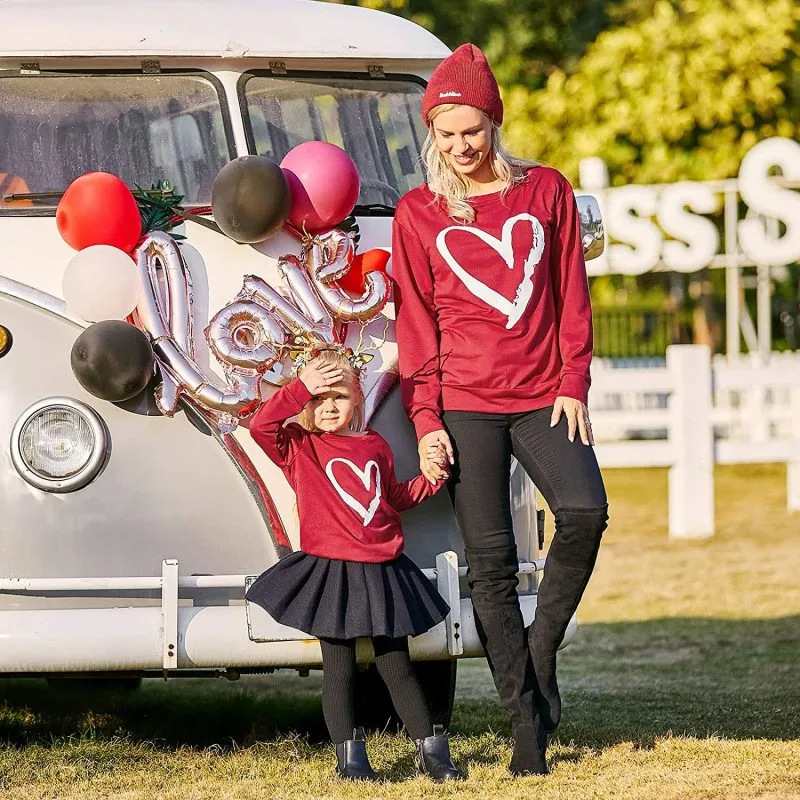 Family Matching Mother Daughter Loose Casual Long-Sleeved Heart Sweatshirt