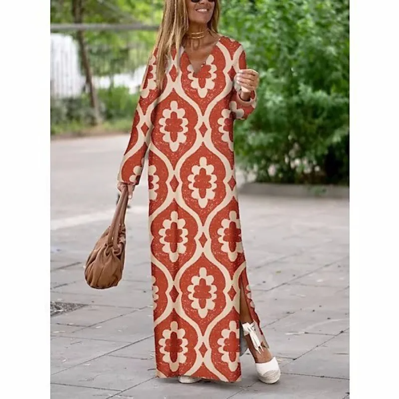 Ramadan /Eid Women Casual Boho Style Geometry Print Long Sleeve V Neck Side Slit Maxi Dress